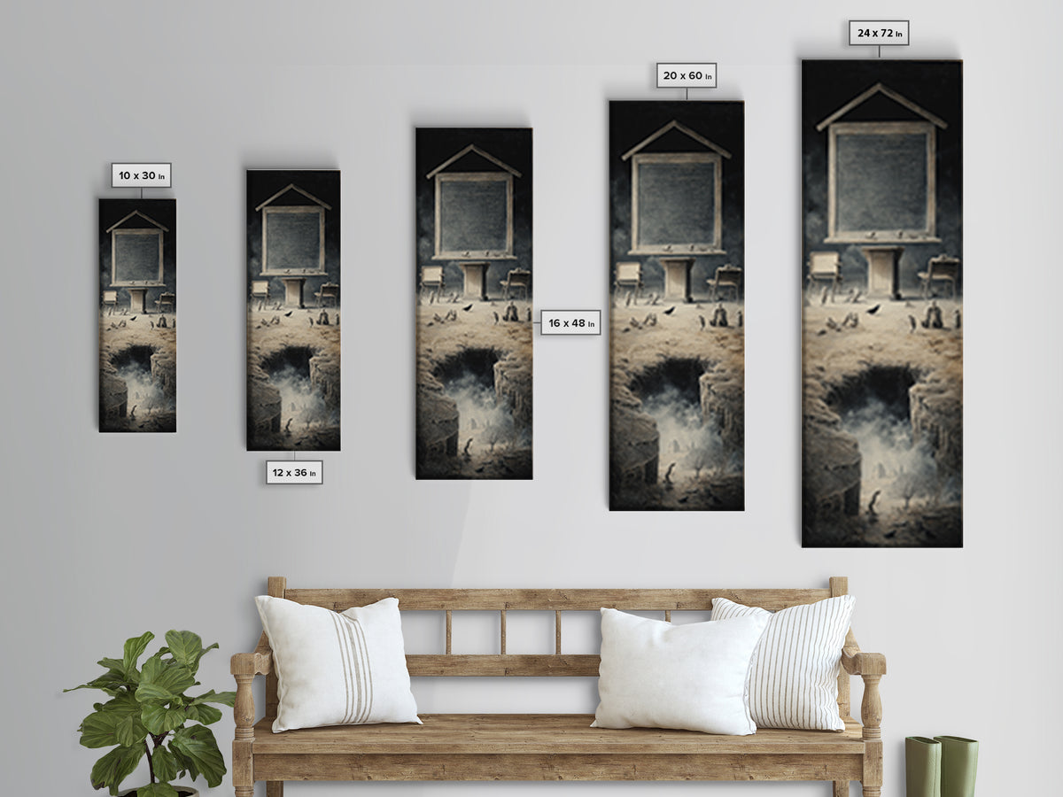 The Silent Schoolhouse, Surreal Apocalyptic Art, Tall Narrow Wall Art, Dark Fantasy Wall Art, Canvas Print, Halloween Wall Art