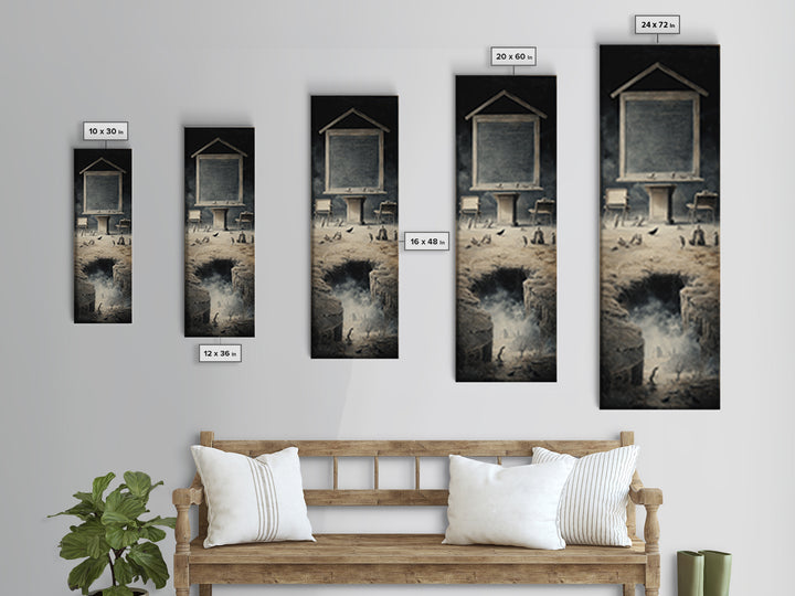 The Silent Schoolhouse, Surreal Apocalyptic Art, Tall Narrow Wall Art, Dark Fantasy Wall Art, Canvas Print, Halloween Wall Art