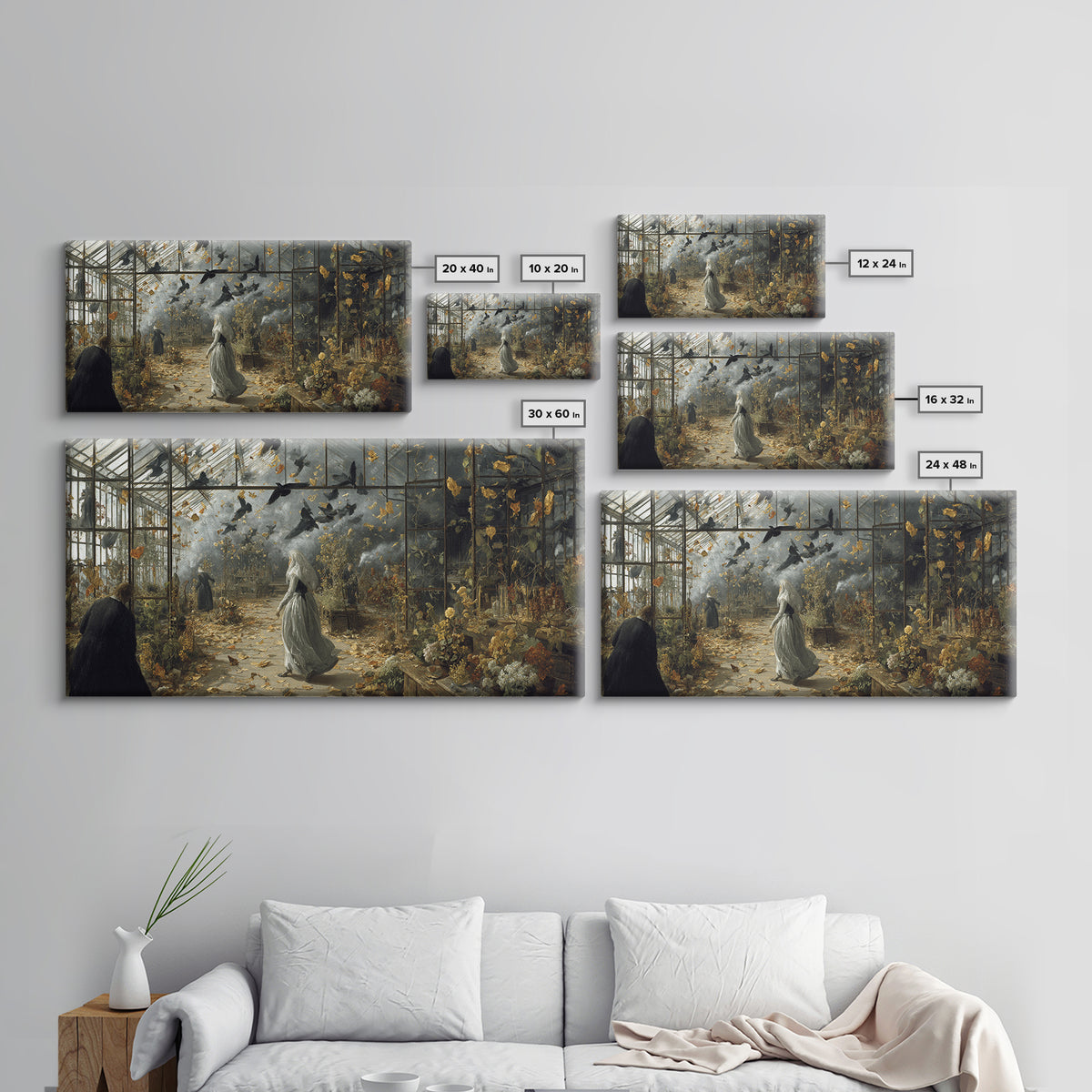 The Cemetery Greenhouse, Northern Renaissance Horror, Wide Panoramic Art, Dark Halloween Decor, Framed Canvas Print
