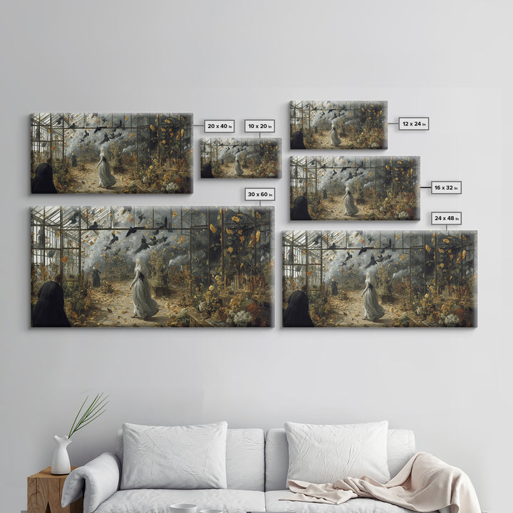 The Cemetery Greenhouse, Northern Renaissance Horror, Wide Panoramic Art, Dark Halloween Decor, Framed Canvas Print