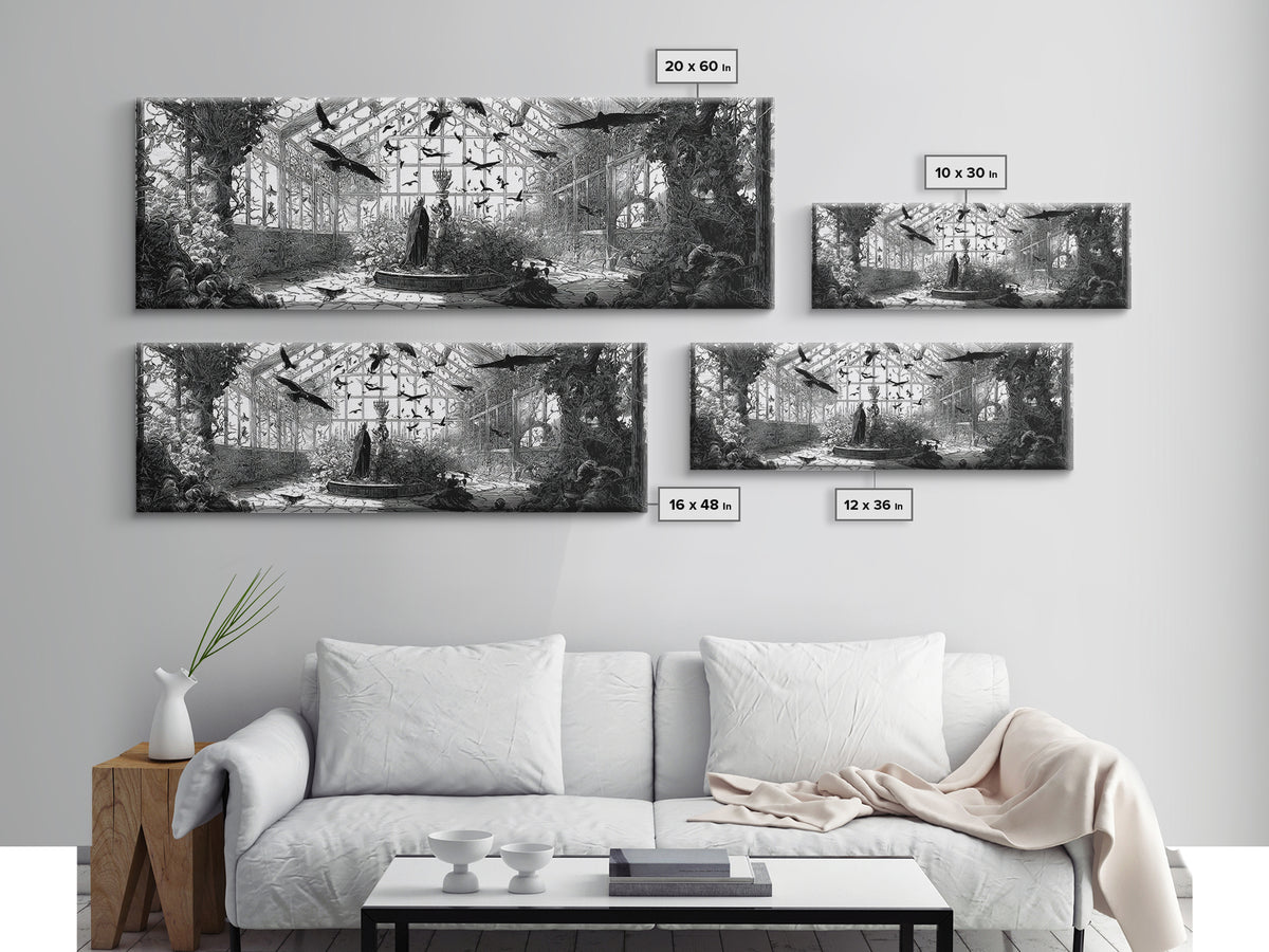 The Cemetery Greenhouse, Renaissance Engraving Art, Extra Wide Wall Art, Dark Fantasy Wall Art, Canvas Print, Halloween Wall Art