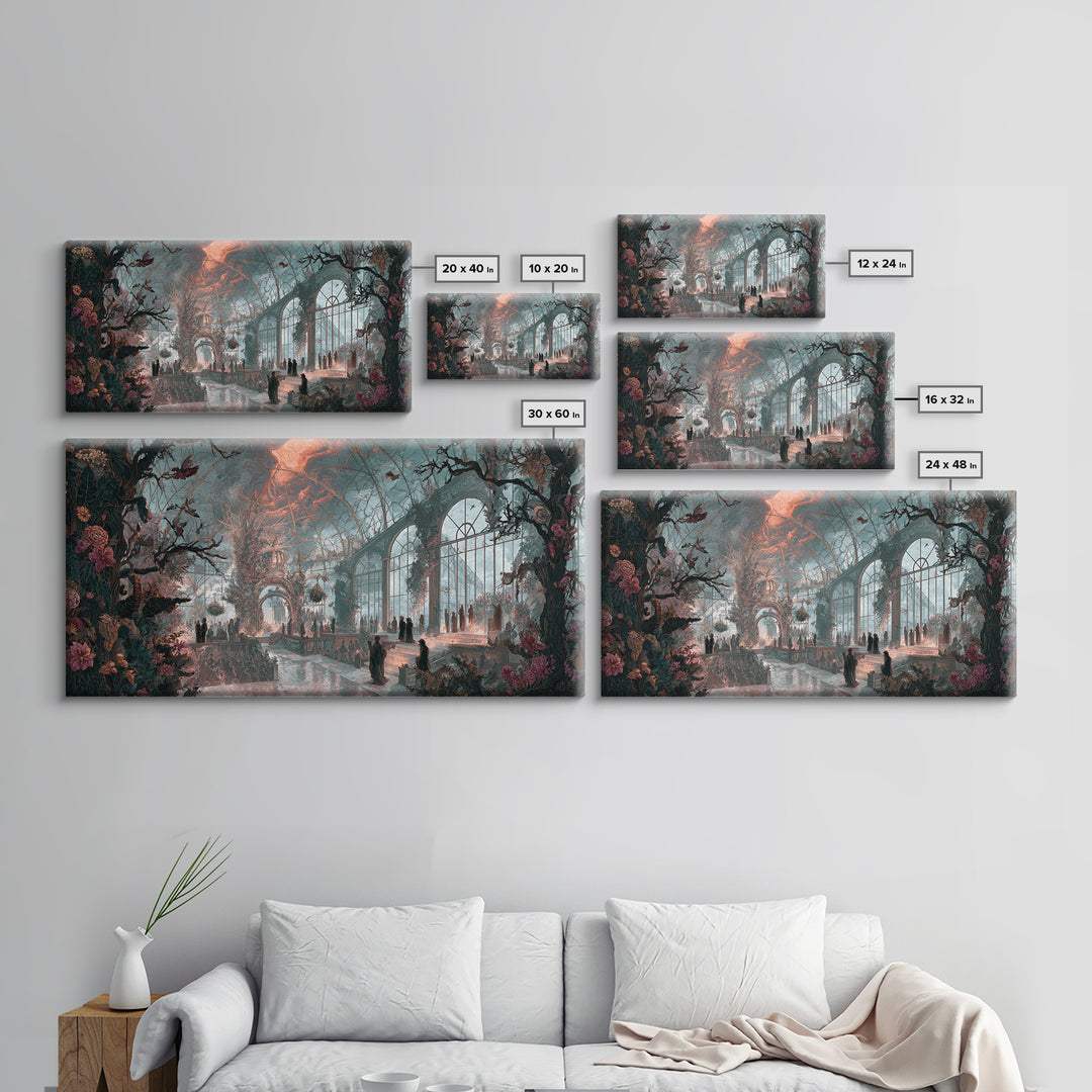 The Cemetery Greenhouse, Apocalyptic Romantic Art, Wide Panoramic Art, Macabre Wall Art, Canvas Print, Halloween Wall Art