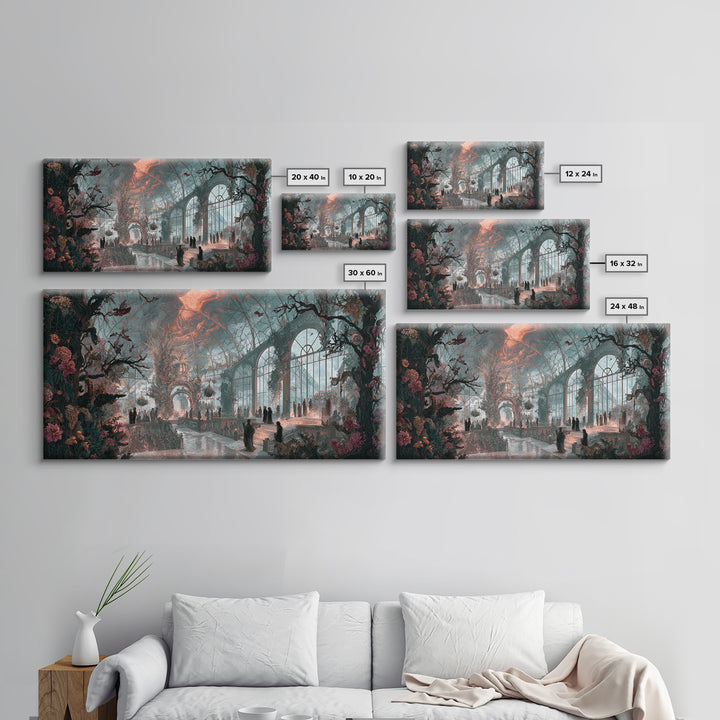 The Cemetery Greenhouse, Apocalyptic Romantic Art, Wide Panoramic Art, Macabre Wall Art, Canvas Print, Halloween Wall Art