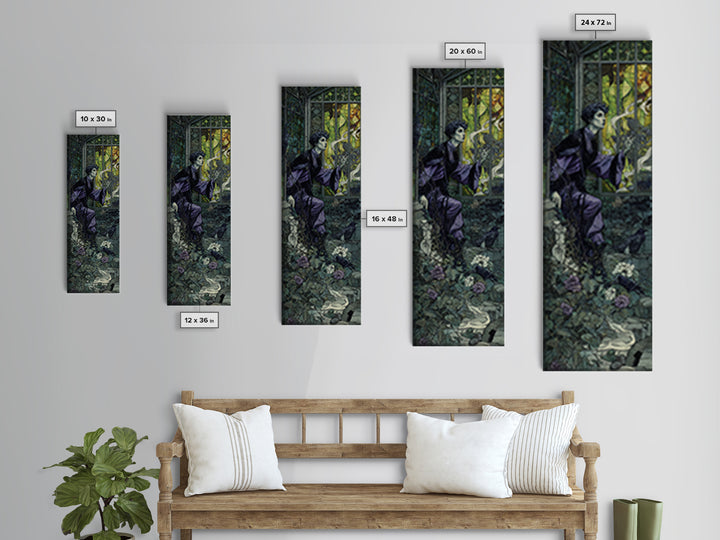 The Cemetery Greenhouse, Stained Glass Gothic Art, Tall Narrow Wall Art, Dark Halloween Decor, Framed Canvas Print, Halloween Wall Art