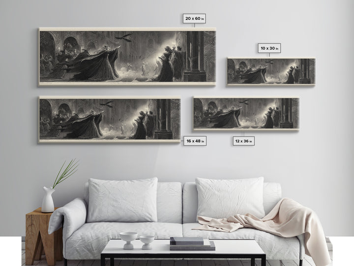 The Midnight Masquerade, Gothic Engraving Art, Extra Wide Wall Art, Dark Fantasy Wall Art, Canvas Print, Halloween Wall Art
