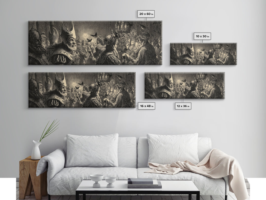 The Midnight Masquerade, Renaissance Engraving Art, Extra Wide Wall Art, Dark Fantasy Wall Art, Framed Canvas Print, Halloween Wall Art