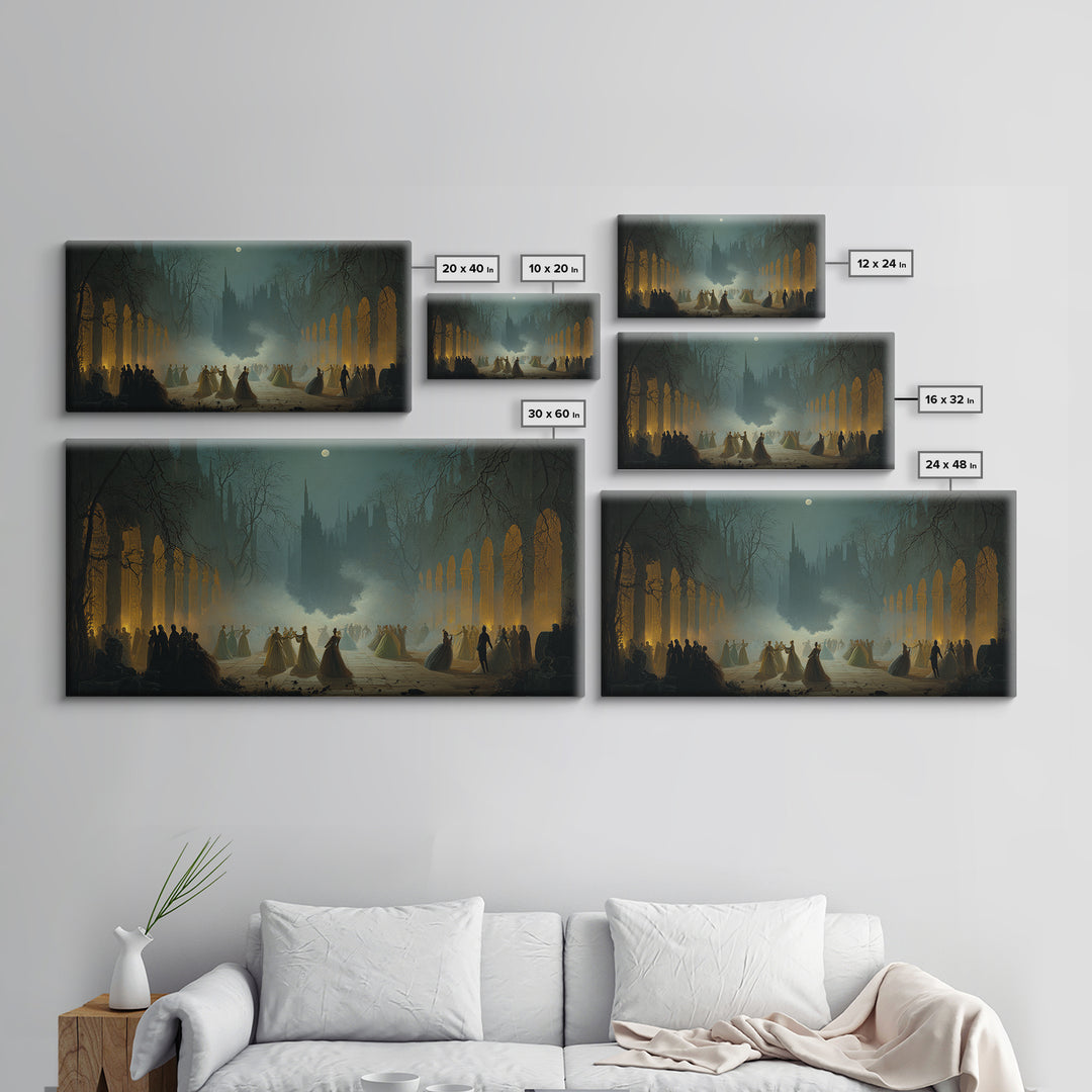 The Midnight Masquerade, Romantic Gothic Landscape, Wide Panoramic Art, Dark Fantasy Wall Art, Canvas Print, Halloween Wall Art