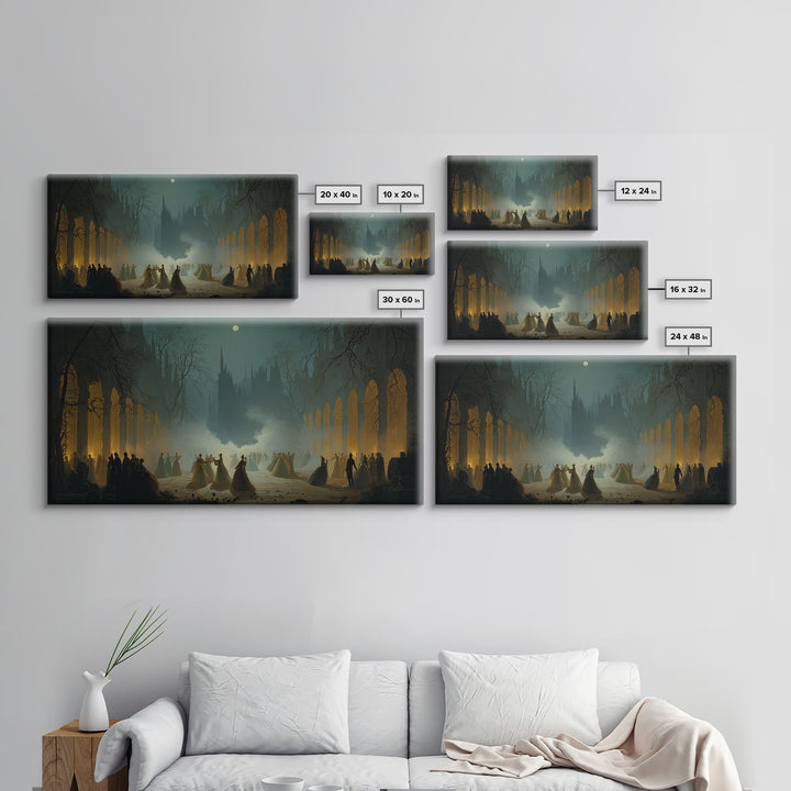 The Midnight Masquerade, Romantic Gothic Landscape, Wide Panoramic Art, Dark Fantasy Wall Art, Canvas Print, Halloween Wall Art