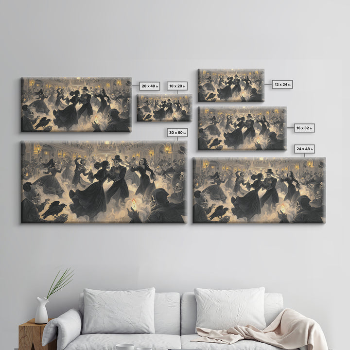 The Midnight Masquerade, Macabre Folk Print Art, Wide Panoramic Art, Gothic Horror Wall Art, Framed Canvas Print