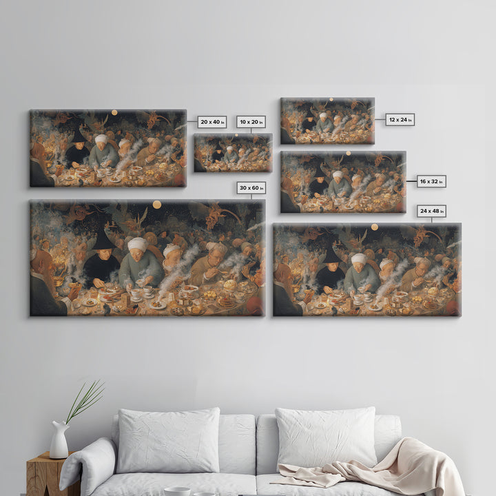 The Witches' Tea Party, Medieval Grotesque Art, Wide Panoramic Art, Macabre Wall Art, Canvas Print, Halloween Wall Art