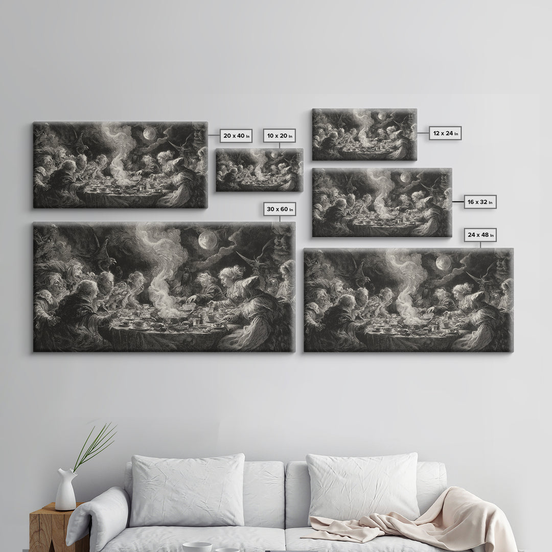 The Witches' Tea Party, Baroque Witchcraft Art, Wide Panoramic Art, Dark Halloween Decor, Canvas Print, Halloween Wall Art