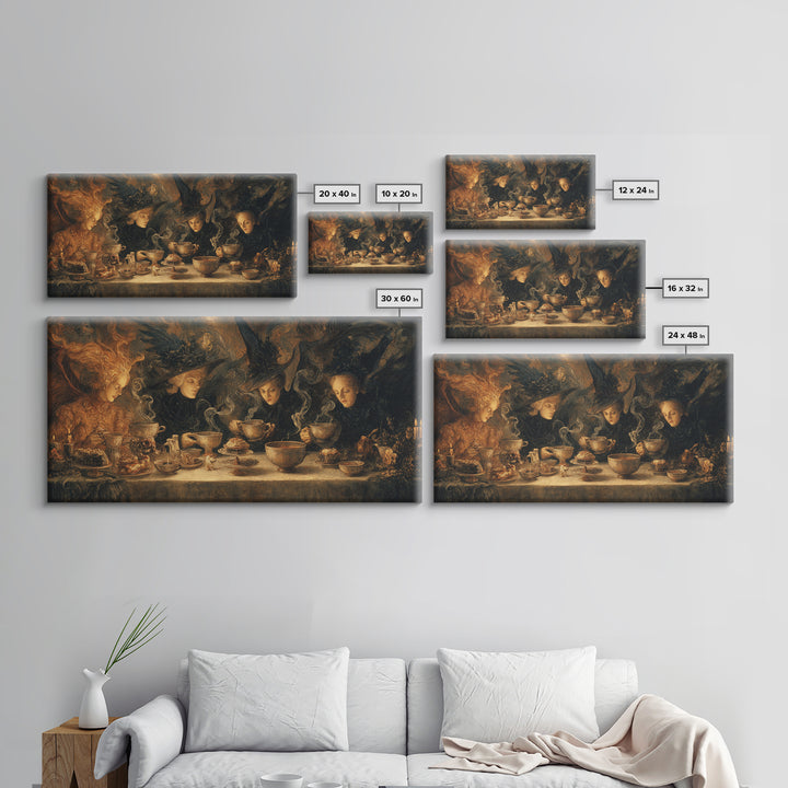 The Witches' Tea Party, Visionary Gothic Art, Wide Panoramic Art, Macabre Wall Art, Framed Canvas Print, Halloween Wall Art
