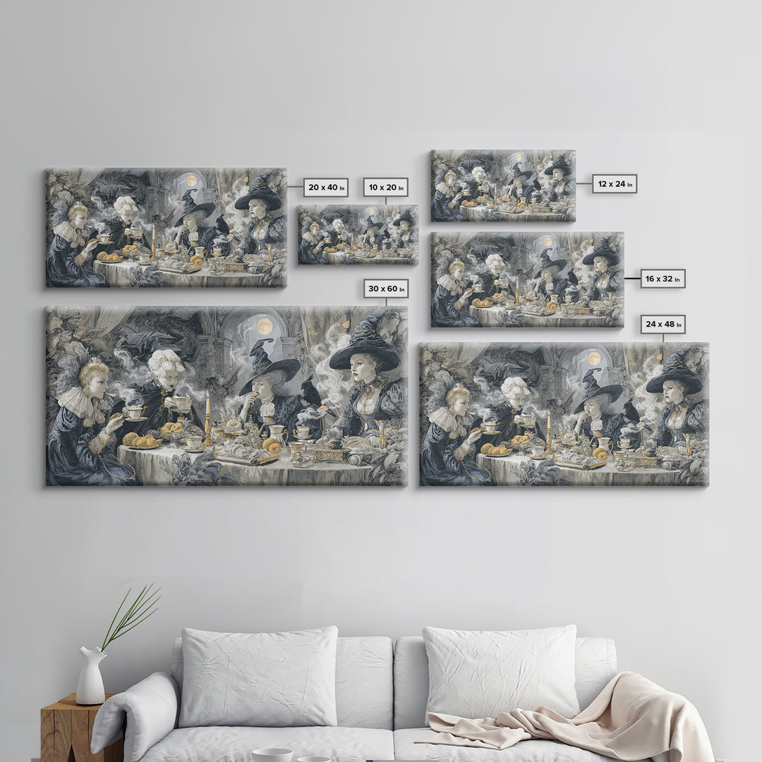 The Witches' Tea Party, Architectural Etching Art, Wide Panoramic Art, Dark Halloween Decor, Canvas Print, Halloween Wall Art