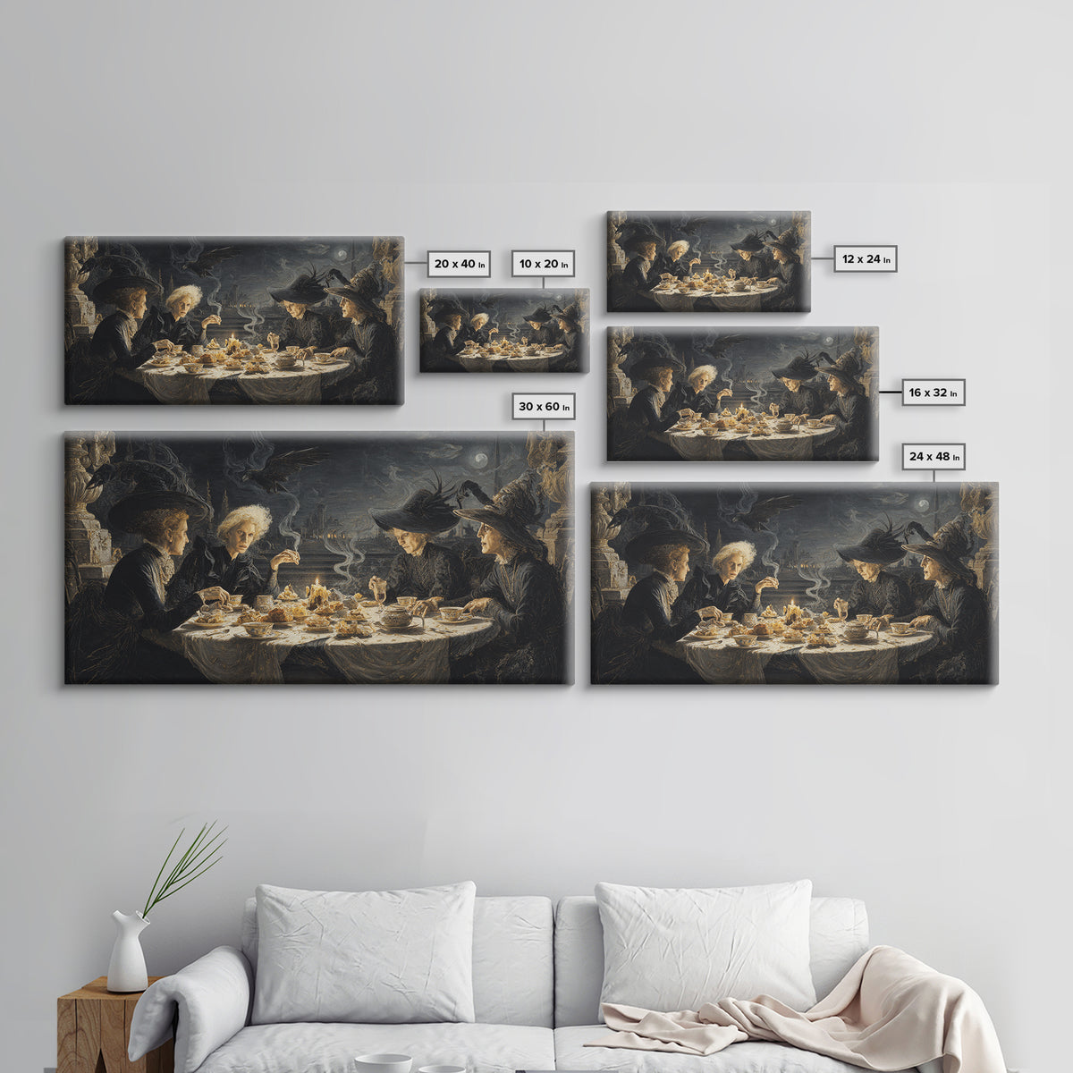 The Witches' Tea Party, Romantic Gothic Landscape, Wide Panoramic Art, Dark Fantasy Wall Art, Framed Canvas Print