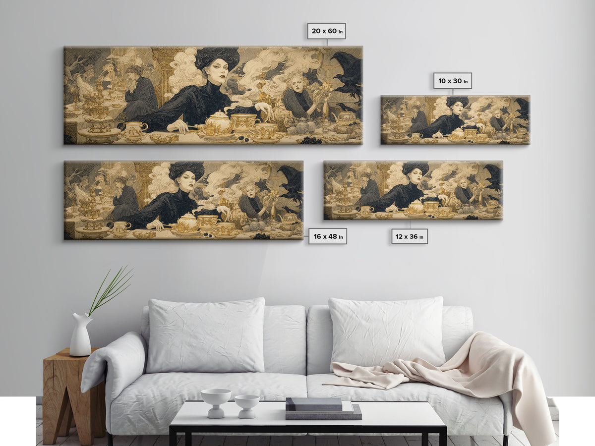 The Witches' Tea Party, Symbolist Death Art, Extra Wide Wall Art, Dark Halloween Decor, Canvas Print, Halloween Wall Art