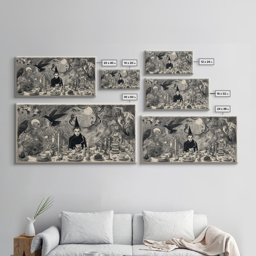 The Witches' Tea Party, Expressionist Nightmare Art, Wide Panoramic Art, Dark Fantasy Wall Art, Canvas Print, Halloween Wall Art