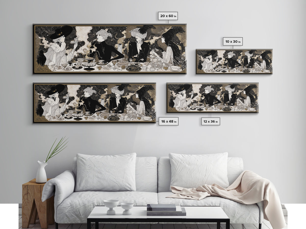 The Witches' Tea Party, Decadent Line Art, Extra Wide Wall Art, Dark Fantasy Wall Art, Framed Canvas Print, Halloween Wall Art