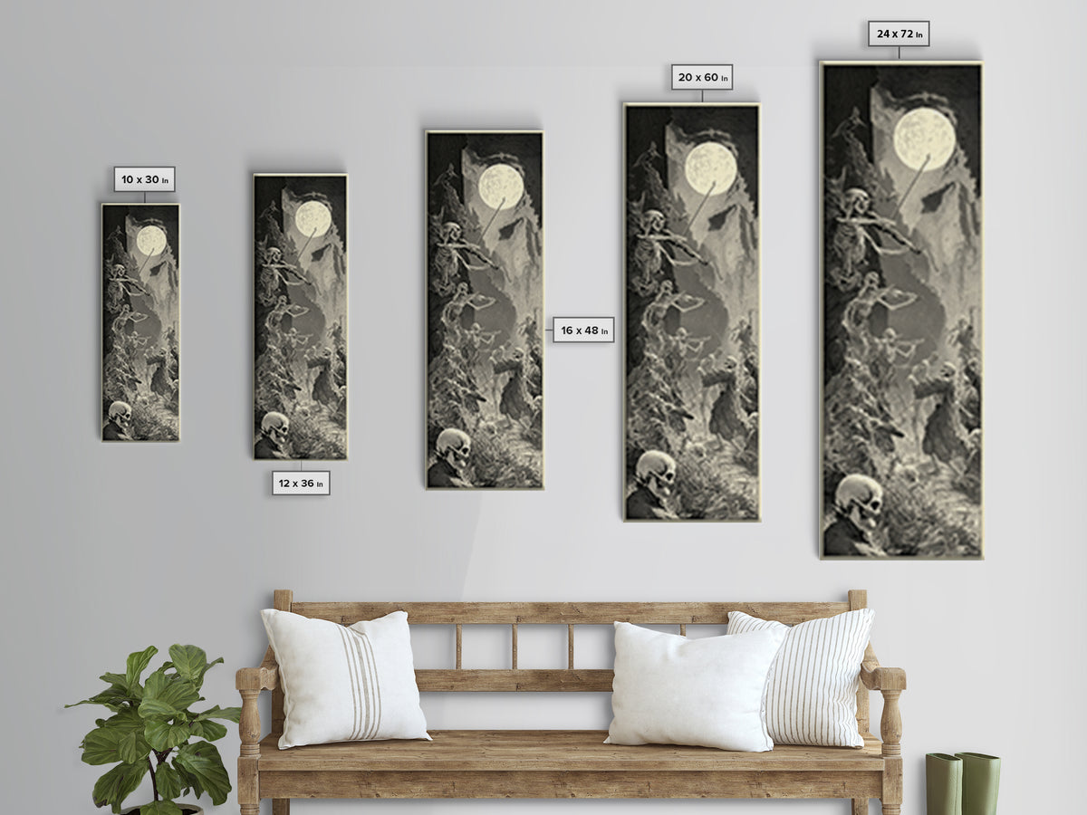 The Skeleton Orchestra, Gothic Engraving Art, Tall Narrow Wall Art, Dark Halloween Decor, Canvas Print, Halloween Wall Art