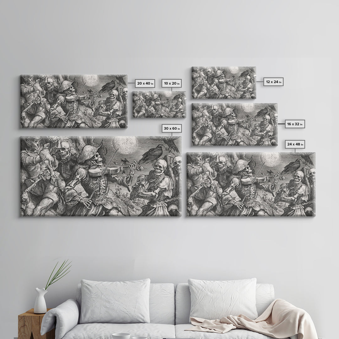 The Skeleton Orchestra, Renaissance Engraving Art, Wide Panoramic Art, Macabre Wall Art, Framed Canvas Print, Halloween Wall Art