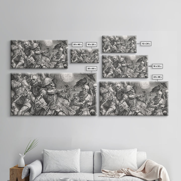 The Skeleton Orchestra, Renaissance Engraving Art, Wide Panoramic Art, Macabre Wall Art, Framed Canvas Print, Halloween Wall Art