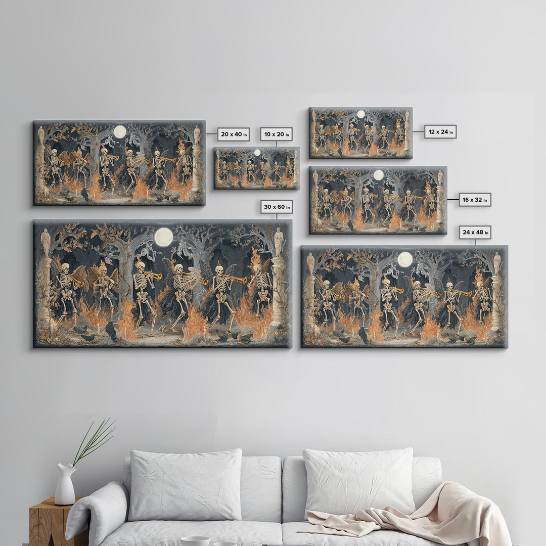The Skeleton Orchestra, Visionary Gothic Art, Wide Panoramic Art, Dark Halloween Decor, Framed Canvas Print, Halloween Wall Art