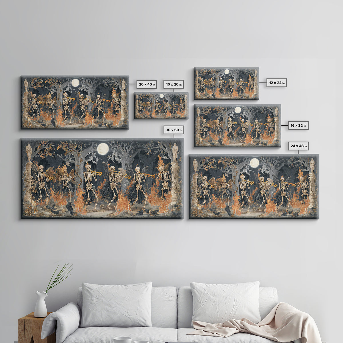 The Skeleton Orchestra, Visionary Gothic Art, Wide Panoramic Art, Dark Halloween Decor, Framed Canvas Print, Halloween Wall Art