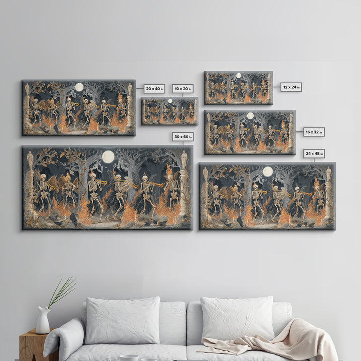 The Skeleton Orchestra, Visionary Gothic Art, Wide Panoramic Art, Dark Halloween Decor, Framed Canvas Print, Halloween Wall Art
