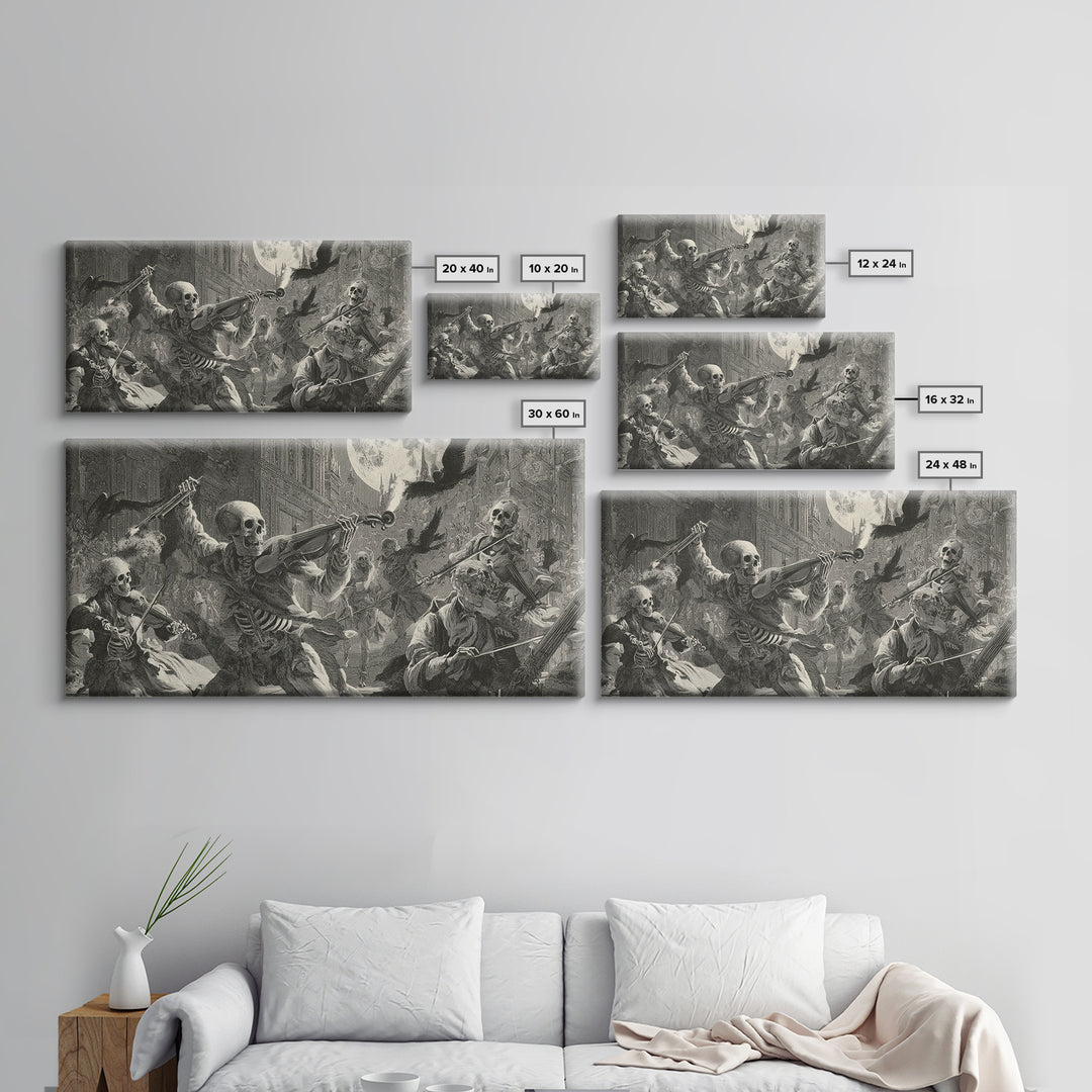 The Skeleton Orchestra, Architectural Etching Art, Wide Panoramic Art, Dark Halloween Decor, Framed Canvas Print