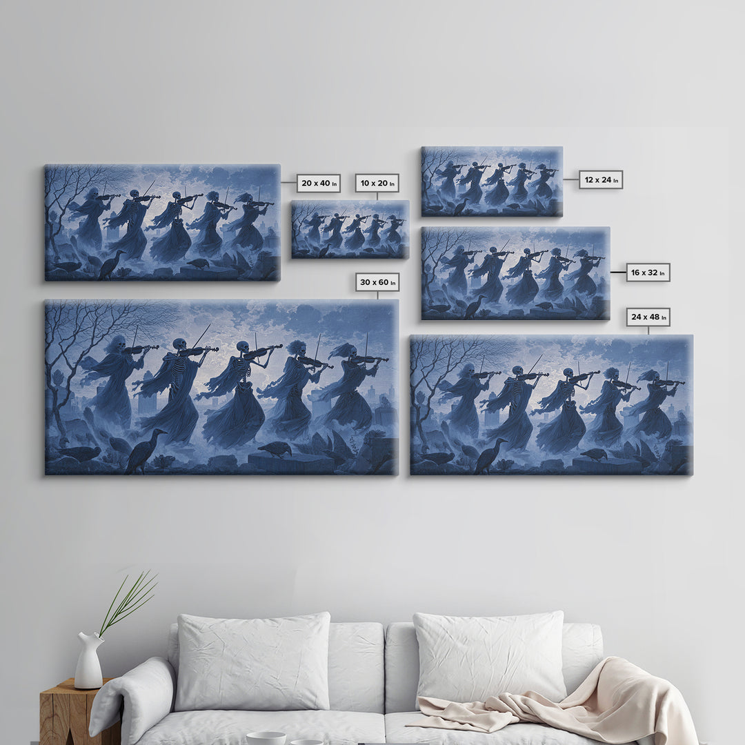 The Skeleton Orchestra, Romantic Gothic Landscape, Wide Panoramic Art, Dark Halloween Decor, Canvas Print, Halloween Wall Art