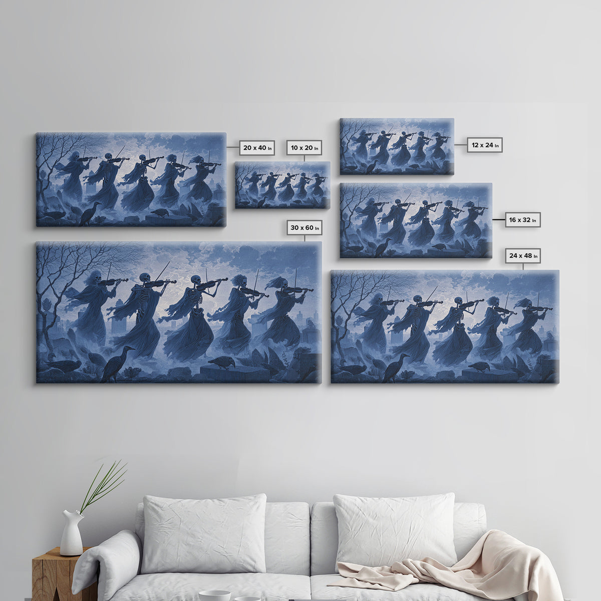 The Skeleton Orchestra, Romantic Gothic Landscape, Wide Panoramic Art, Dark Halloween Decor, Canvas Print, Halloween Wall Art