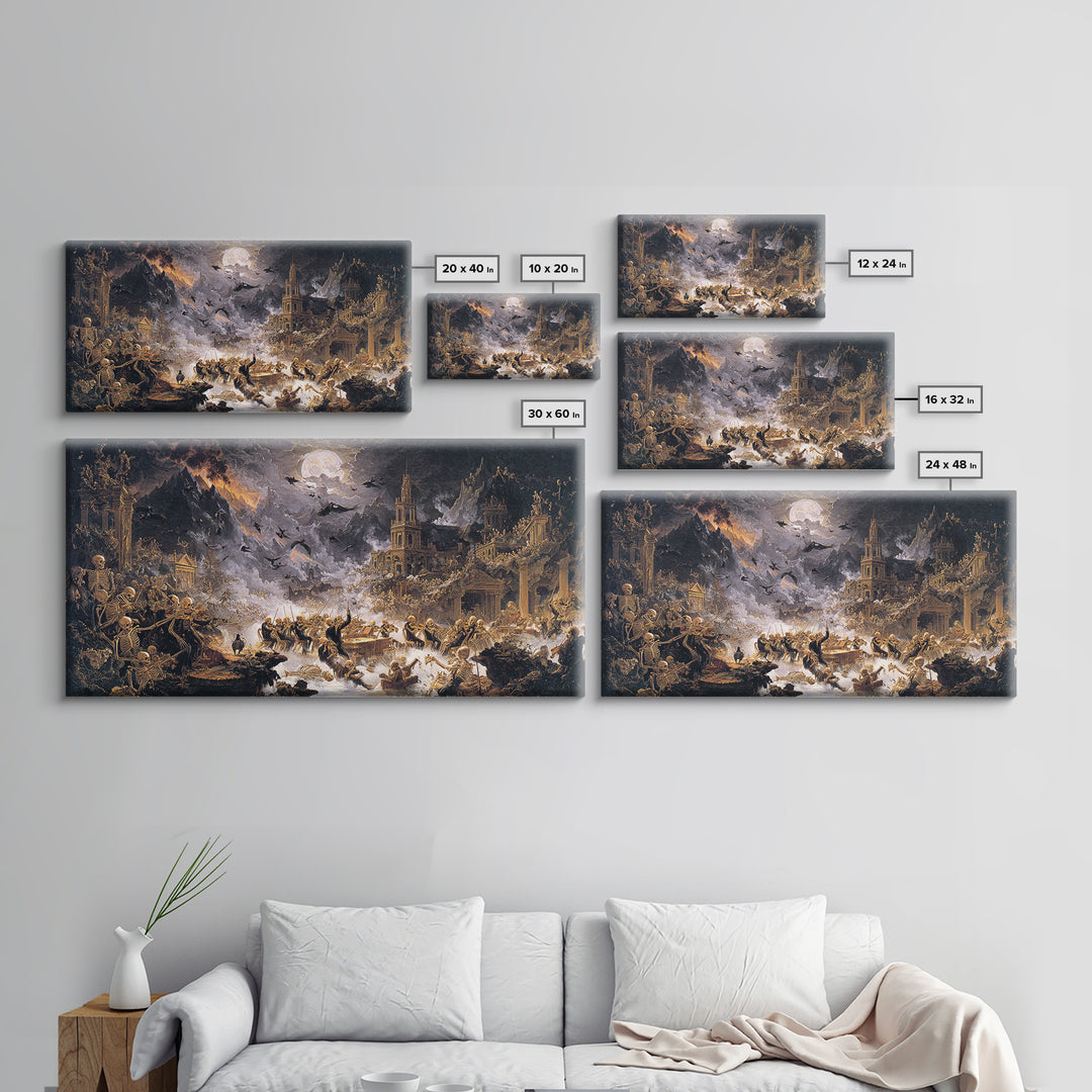 The Skeleton Orchestra, Apocalyptic Romantic Art, Wide Panoramic Art, Gothic Horror Wall Art, Framed Canvas Print, Halloween Wall Art