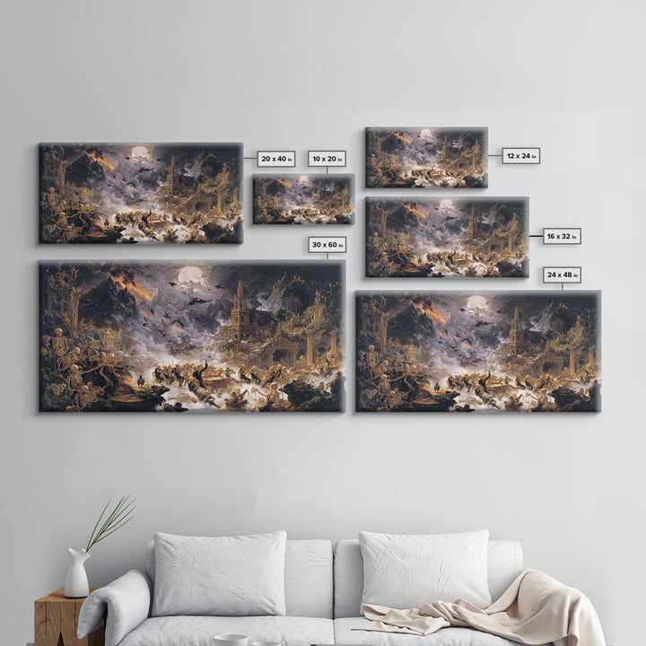 The Skeleton Orchestra, Apocalyptic Romantic Art, Wide Panoramic Art, Gothic Horror Wall Art, Framed Canvas Print, Halloween Wall Art