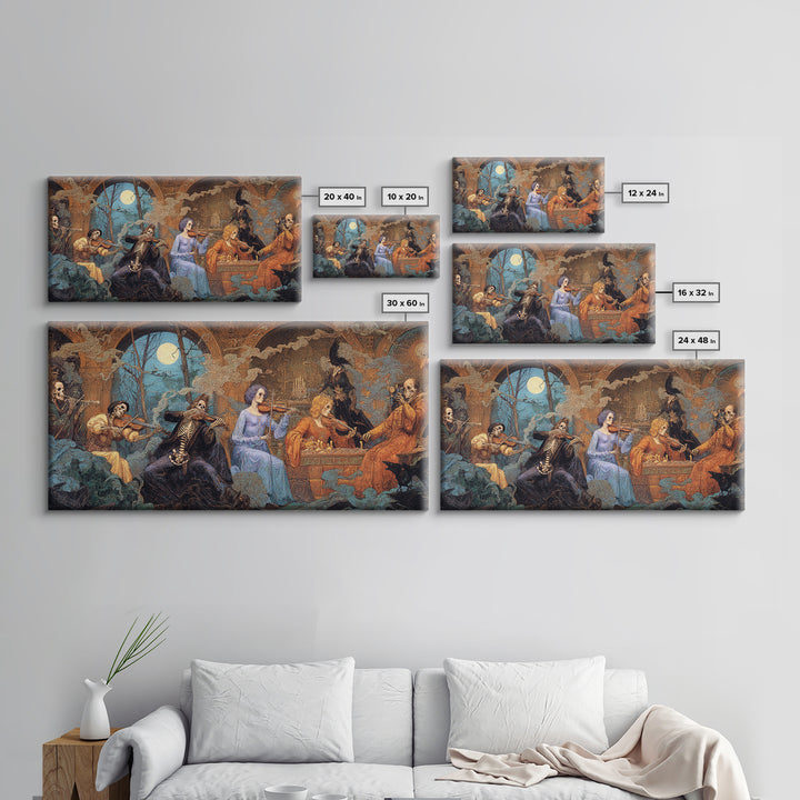 The Skeleton Orchestra, Ornate Symbolist Art, Wide Panoramic Art, Dark Fantasy Wall Art, Canvas Print, Halloween Wall Art