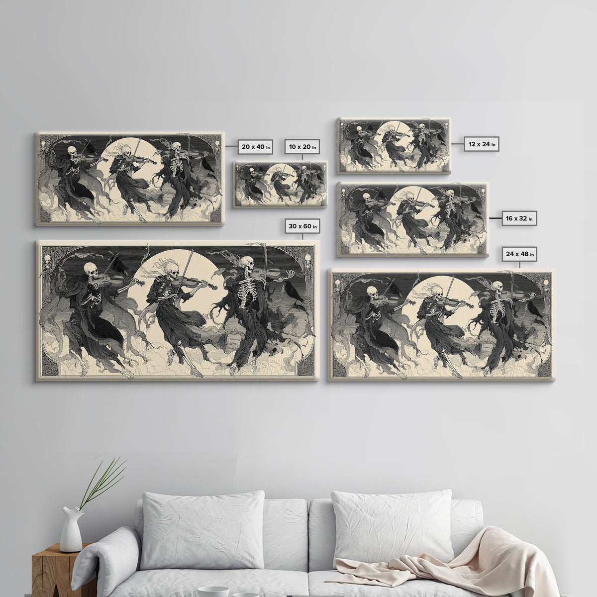 The Skeleton Orchestra, Decadent Line Art, Wide Panoramic Art, Gothic Horror Wall Art, Framed Canvas Print, Halloween Wall Art