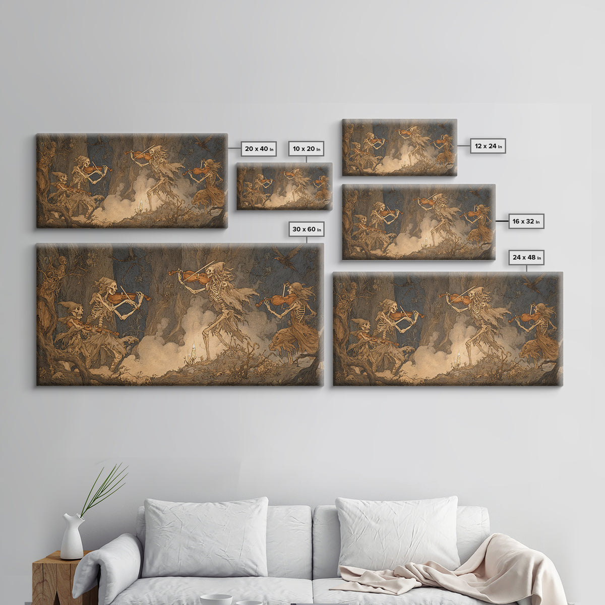The Skeleton Orchestra, Gothic Storybook Art, Wide Panoramic Art, Dark Fantasy Wall Art, Framed Canvas Print, Halloween Wall Art