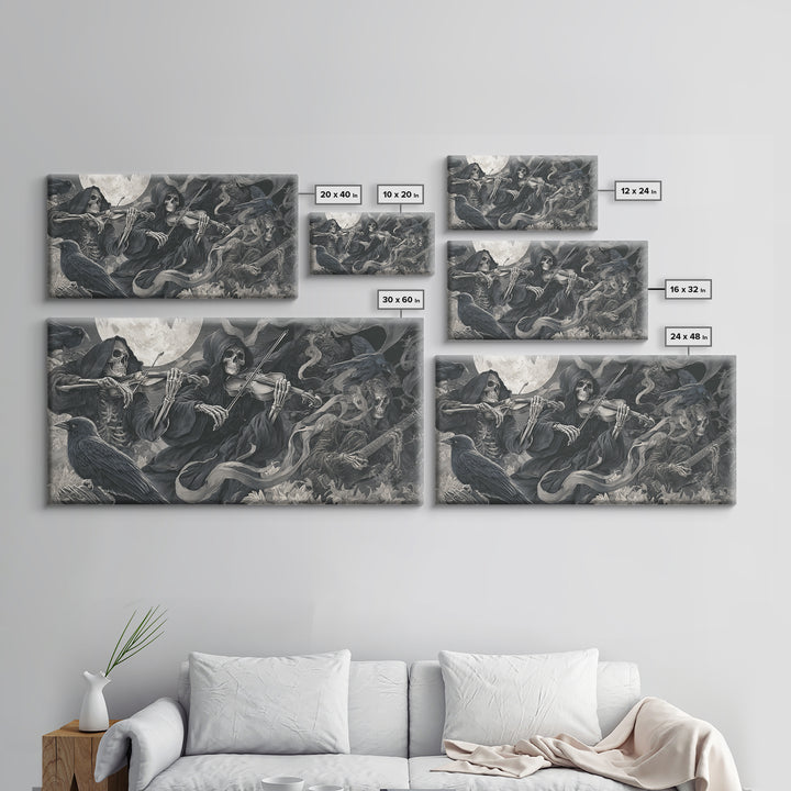 The Skeleton Orchestra, Biomechanical Horror Art, Wide Panoramic Art, Macabre Wall Art, Framed Canvas Print, Halloween Wall Art