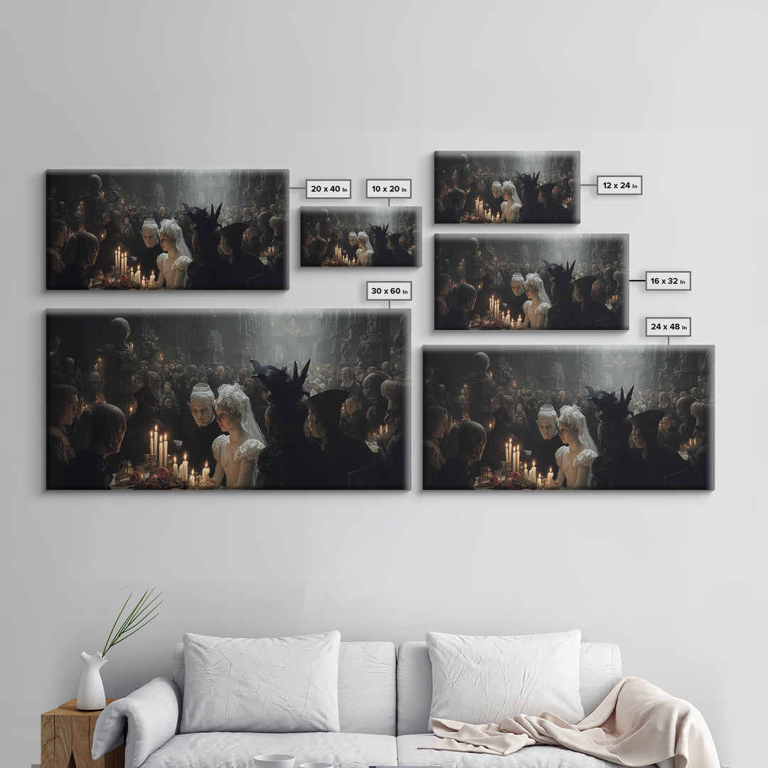The Ghost Wedding, Medieval Grotesque Art, Wide Panoramic Art, Dark Halloween Decor, Canvas Print, Halloween Wall Art