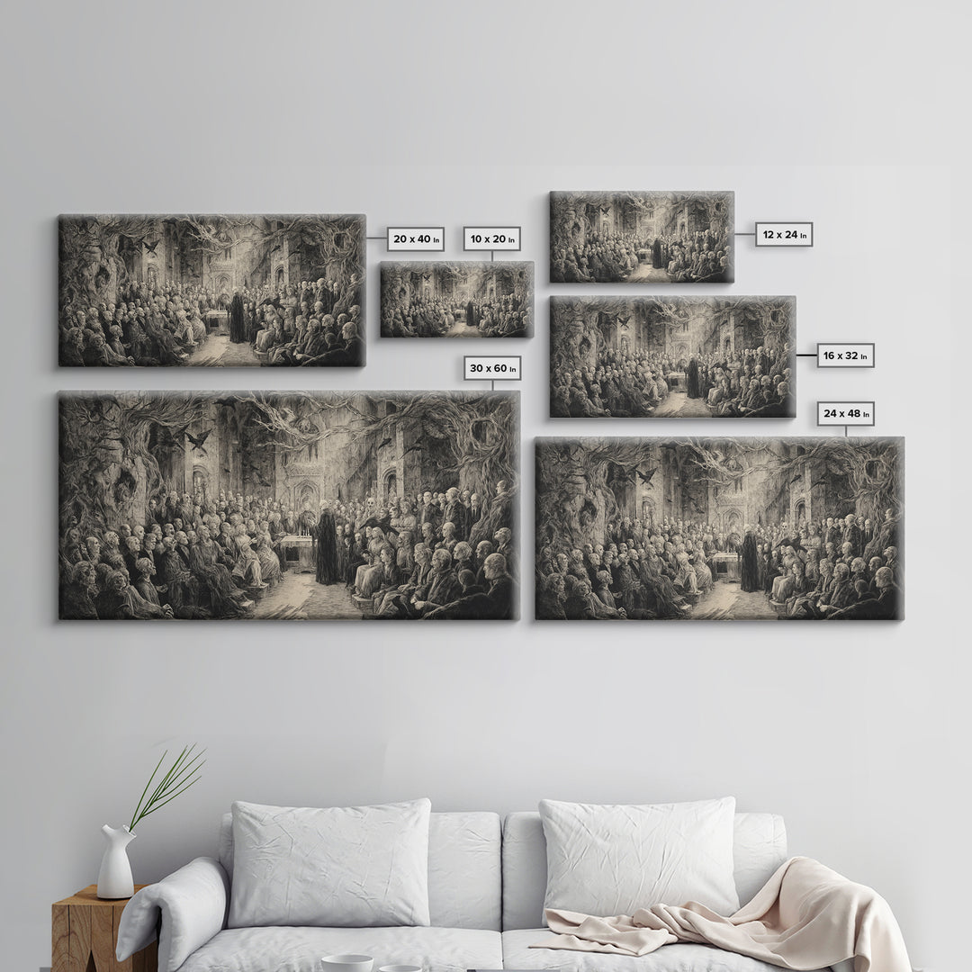 The Ghost Wedding, Expressionist Nightmare Art, Wide Panoramic Art, Dark Fantasy Wall Art, Framed Canvas Print, Halloween Wall Art