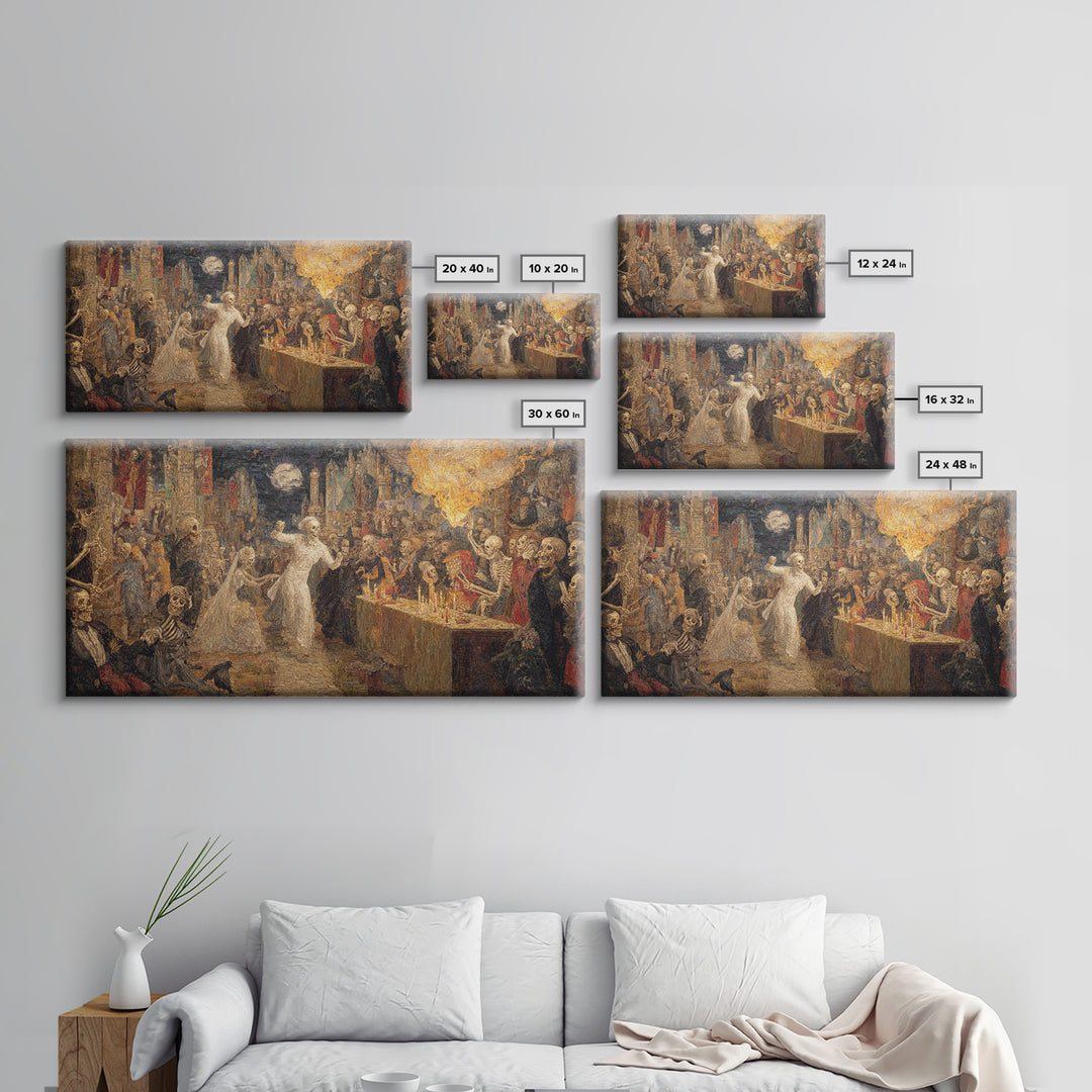 The Ghost Wedding, Grotesque Carnival Art, Wide Panoramic Art, Dark Halloween Decor, Framed Canvas Print, Halloween Wall Art