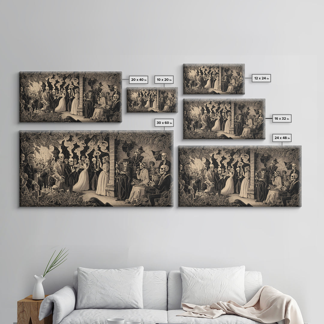 The Ghost Wedding, Macabre Folk Print Art, Wide Panoramic Art, Macabre Wall Art, Framed Canvas Print, Halloween Wall Art
