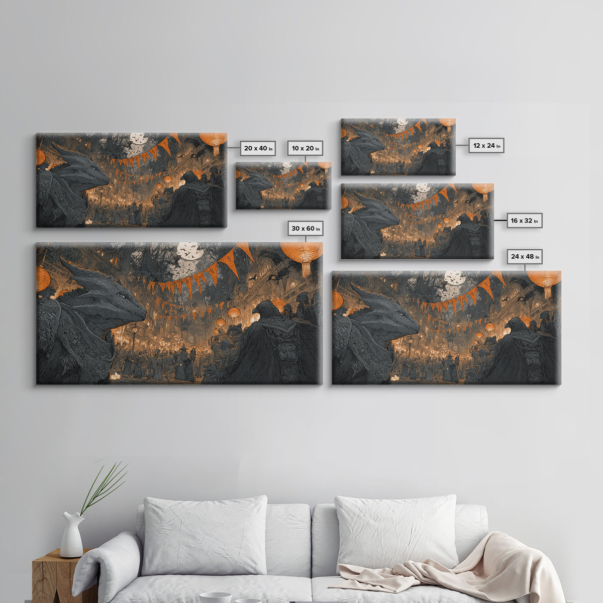 The Monster Parade, Gothic Engraving Art, Wide Panoramic Art, Dark Fantasy Wall Art, Framed Canvas Print, Halloween Wall Art