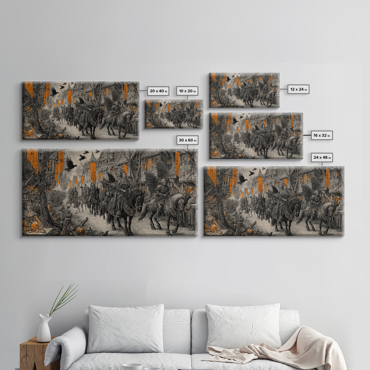 The Monster Parade, Renaissance Engraving Art, Wide Panoramic Art, Dark Fantasy Wall Art, Framed Canvas Print, Halloween Wall Art