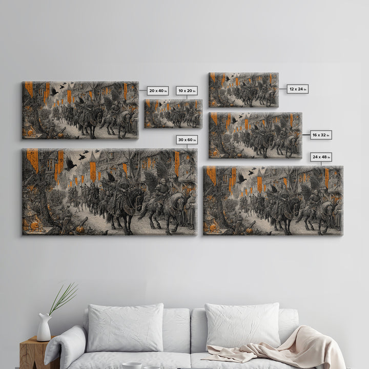 The Monster Parade, Renaissance Engraving Art, Wide Panoramic Art, Dark Fantasy Wall Art, Framed Canvas Print, Halloween Wall Art