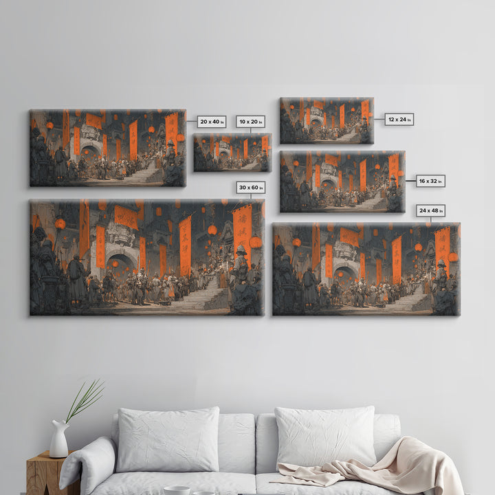 The Monster Parade, Architectural Etching Art, Wide Panoramic Art, Macabre Wall Art, Canvas Print, Halloween Wall Art
