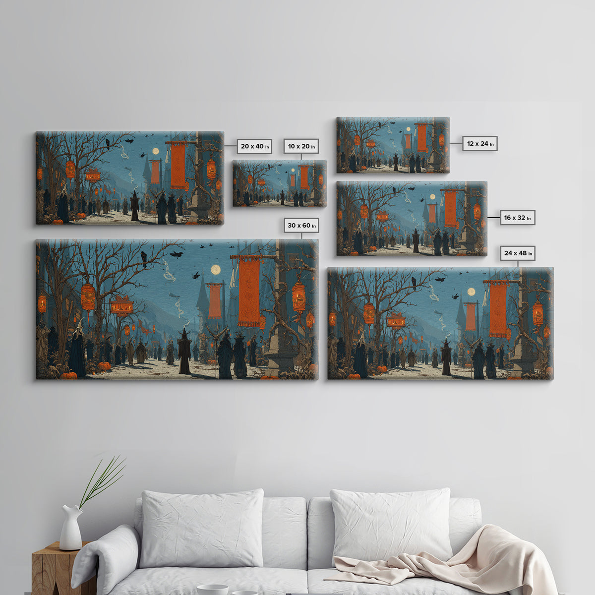 The Monster Parade, Romantic Gothic Landscape, Wide Panoramic Art, Dark Halloween Decor, Canvas Print, Halloween Wall Art