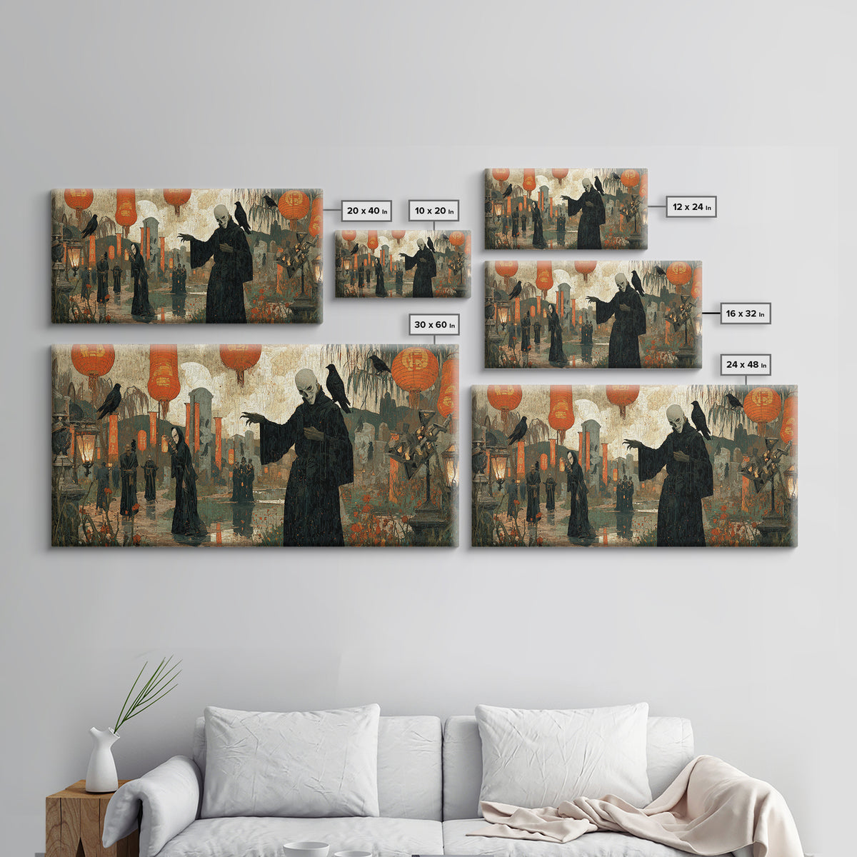 The Monster Parade, Symbolist Gothic Landscape, Wide Panoramic Art, Macabre Wall Art, Canvas Print, Halloween Wall Art