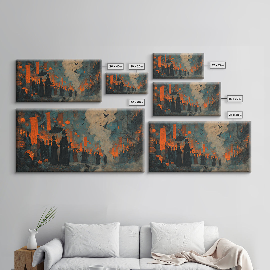 The Monster Parade, Expressionist Gothic Art, Wide Panoramic Art, Dark Halloween Decor, Canvas Print, Halloween Wall Art