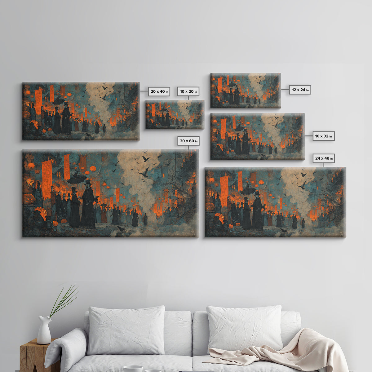 The Monster Parade, Expressionist Gothic Art, Wide Panoramic Art, Dark Halloween Decor, Canvas Print, Halloween Wall Art