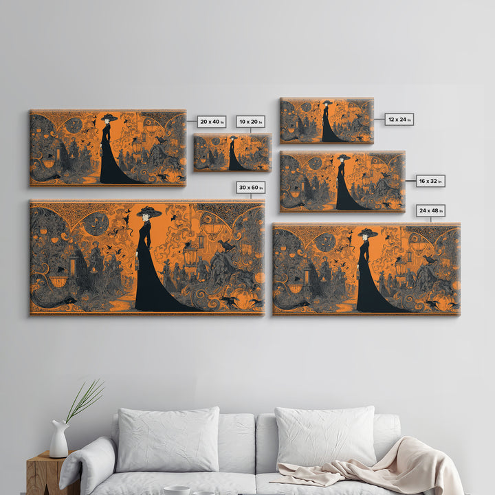 The Monster Parade, Decadent Line Art, Wide Panoramic Art, Gothic Horror Wall Art, Framed Canvas Print, Halloween Wall Art