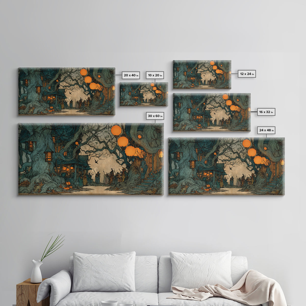 The Monster Parade, Gothic Storybook Art, Wide Panoramic Art, Dark Fantasy Wall Art, Framed Canvas Print, Halloween Wall Art